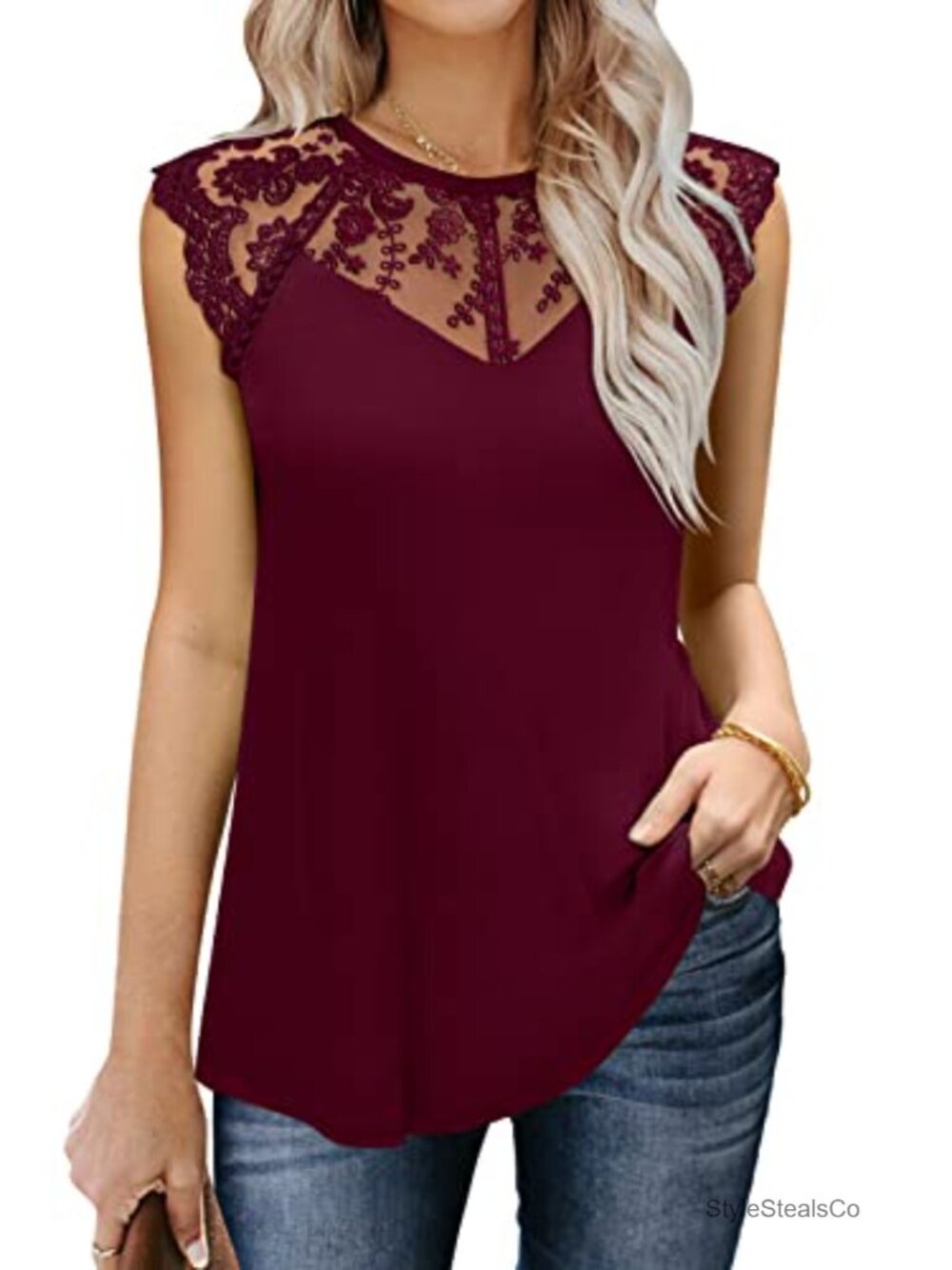 MIHOLL Women's Sleeveless Lace Floral Tank Top Casual Loose Blouse